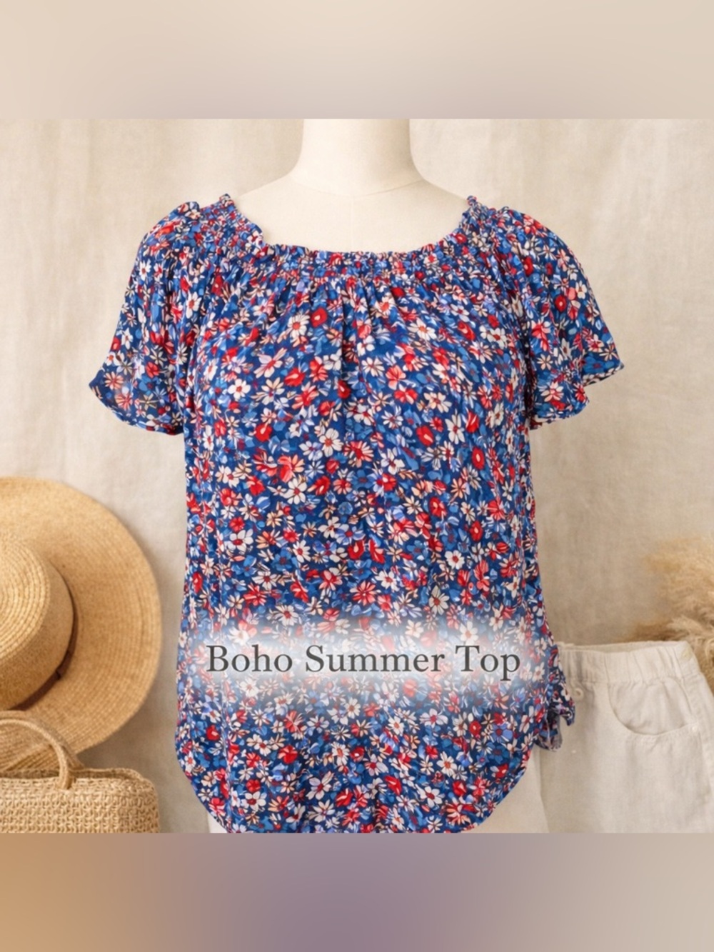 Liz Claiborne Floral Blouse Medium Blue Red Boho Off Shoulder Rayon Top Summer